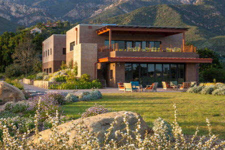 View of the Pritzlaff Conservation Center located at Santa Barbara Botanic Garden with mountain range in the background