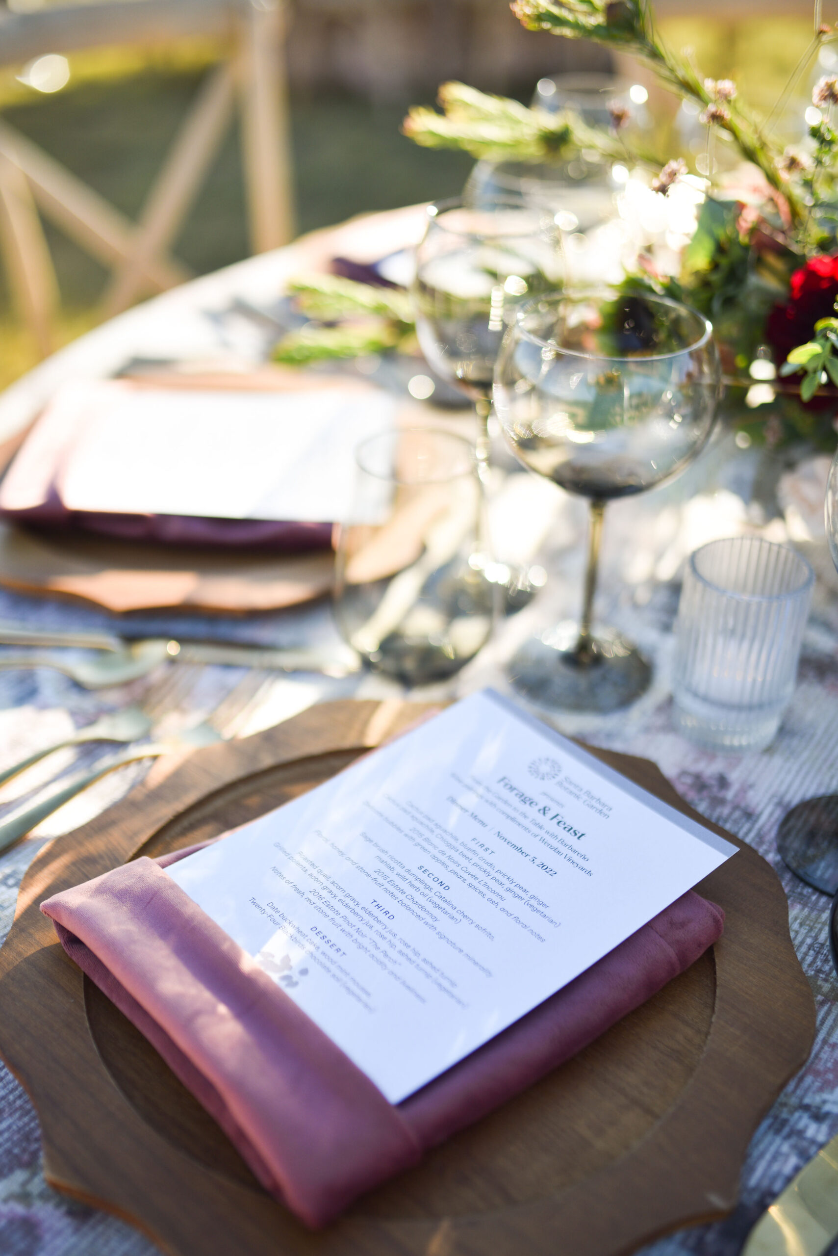 Place setting with menu at Santa Barbara Botanic Garden Forage & Feast Charity Dinner