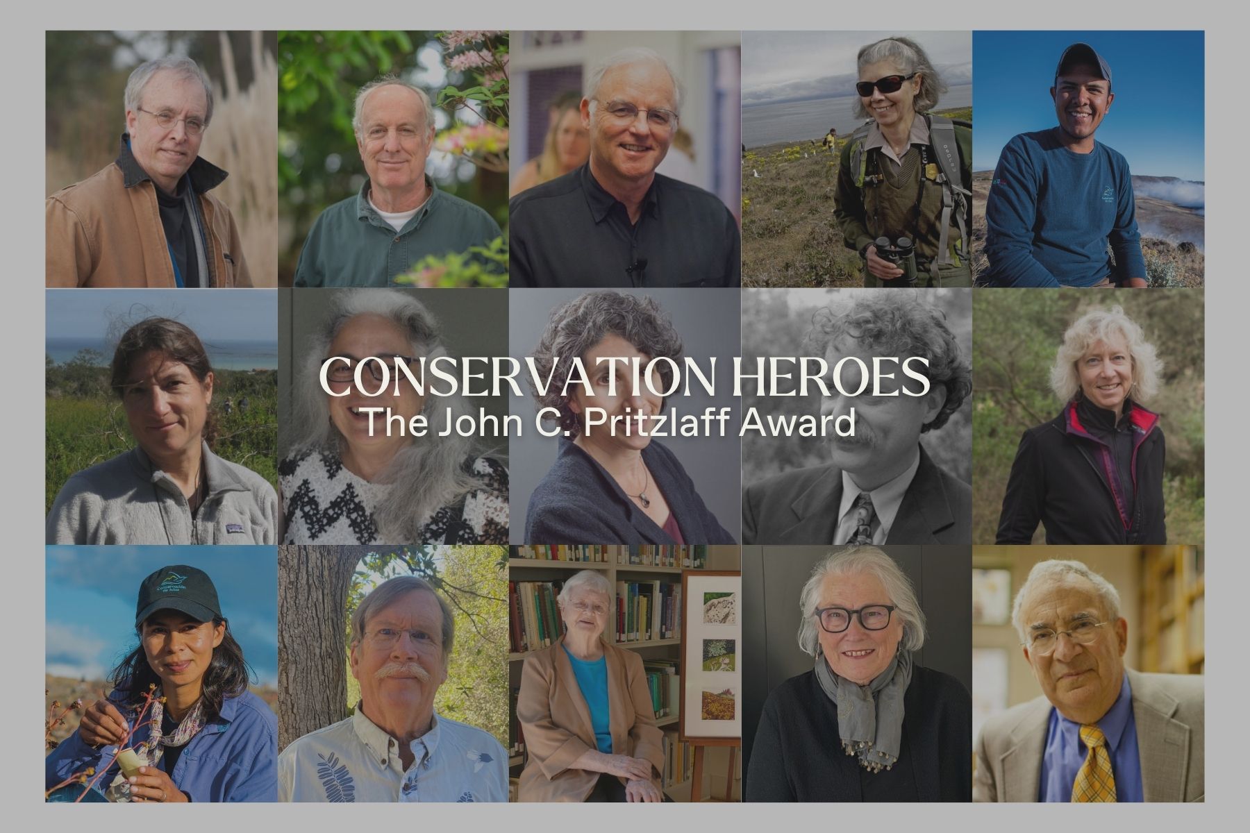 Photo grid of past Pritzlaff Conservation Awardees with title across that says Conservation Heroes
