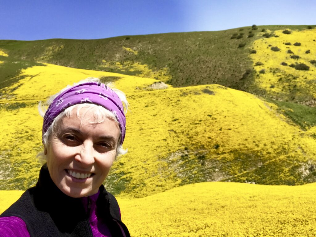 woman hiking and stop for picture with bright yellow CA native plants