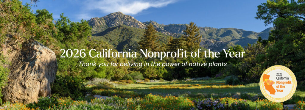 Garden meadow photo with 2026 California Nonprofit of the Year headline with thank you for believing in the power of native plants below and award logo in bottom right corner