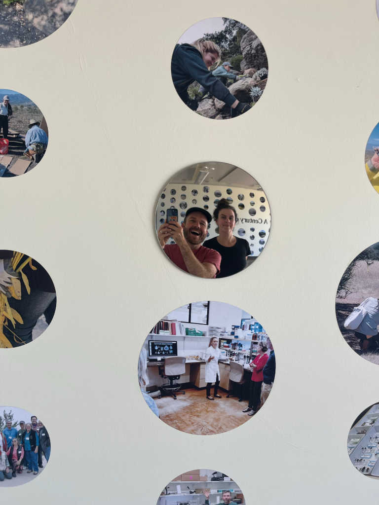 Circle archive images of SB Botanic Garden with inset circle mirror showing exhibit curators