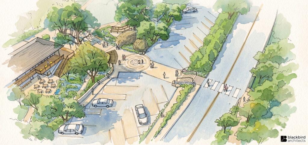Ilustración en acuarela de la nueva entrada del Jardín Botánico de SB, diseñada para su campaña del centenario